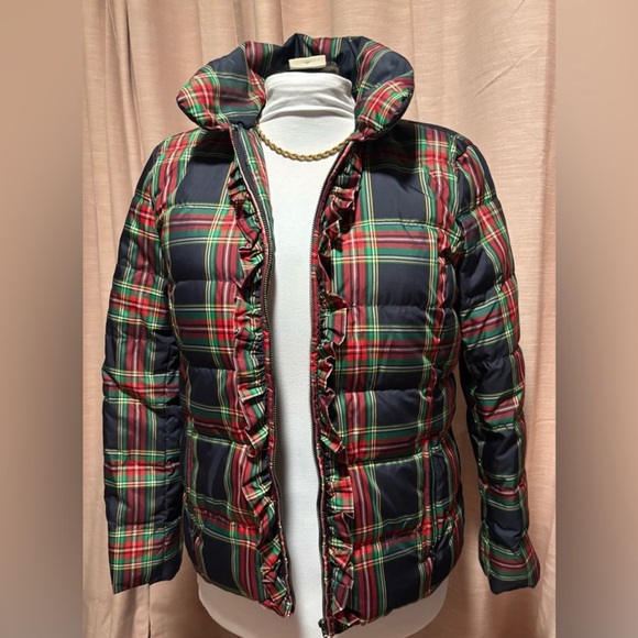 Women’s Talbots Tartan Plaid Ruffle‎ Trim Puffer Jacket Size Medium - Picture 1 of 5